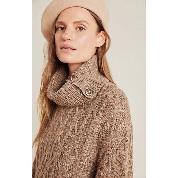 ANTHROPOLOGIE Corinne Cable Knit Poncho Sweater Small Taupe Tan Cowl Oversized - Picture 4 of 15